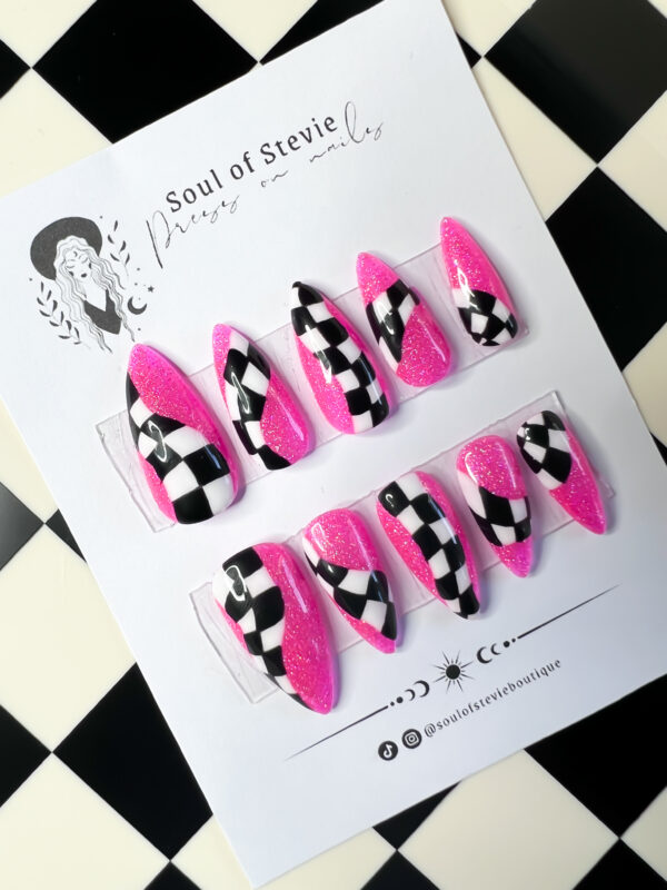Barbie pink checkerboard nails stiletto alt nails soul of stevie press ons