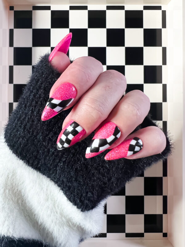Barbie pink checkerboard nails stiletto alt nails soul of stevie press ons