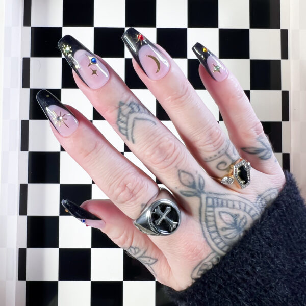 black & gold celestial press on nails nails moon & stars crystal gems soul of stevie custom alt nails