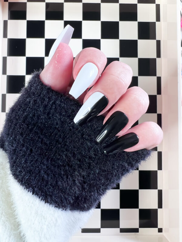 black white stripe press on nails half & half monochrome alt nail goth nails soul of stevie press ons