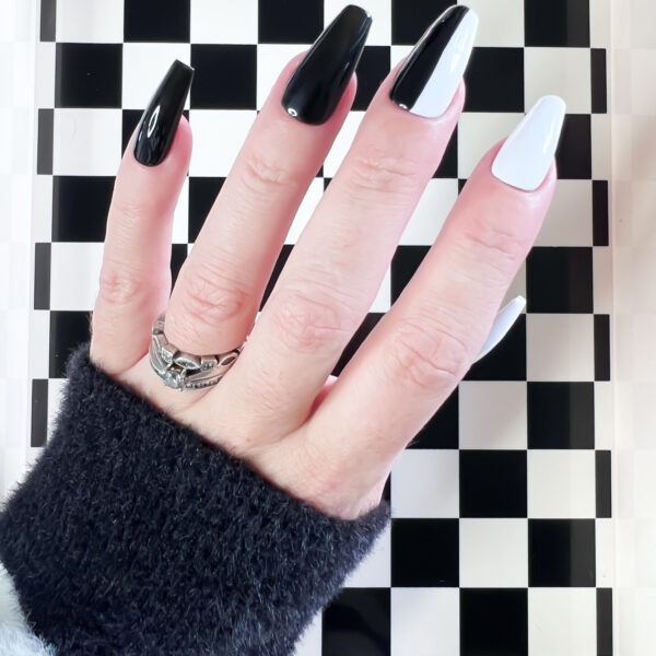 black white stripe press on nails half & half monochrome alt nail goth nails soul of stevie press ons