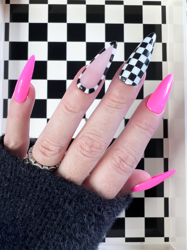 checkerboard barbie pink nails long stiletto alt nails soul of stevie press ons