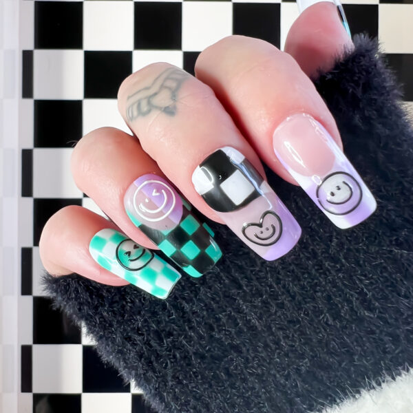 checkerboard smiley face press on nails 90s acid house soul of stevie