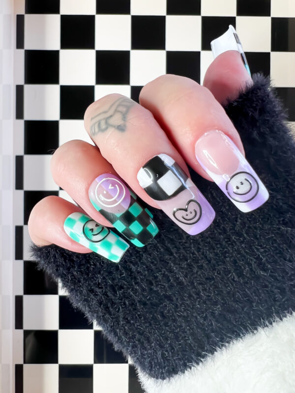 checkerboard smiley face press on nails 90s acid house soul of stevie