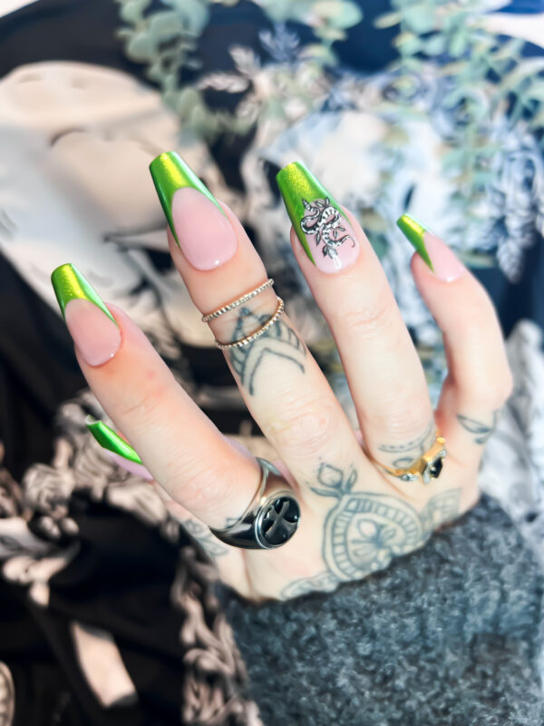 Chrome green snake press on nails, snake nails, chrome nails, green snake nails, soul of stevie press ons