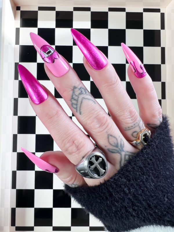 chrome vampire bite press on nails, pink chrome nails, soul of stevie