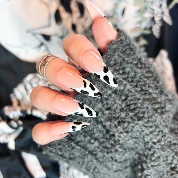 cow print press on nails, animal print, french manicure. black & white nails, soul of stevie press on nails