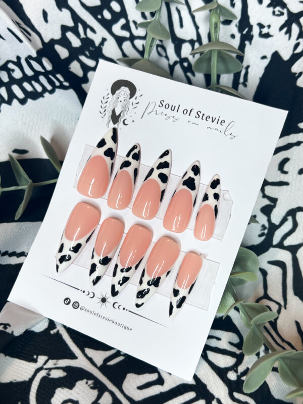 cow print press on nails, animal print, french manicure. black & white nails, soul of stevie press on nails