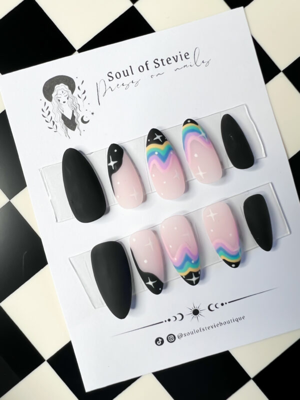 black pastel rainbow press on nails, pastel goth, soul of stevie press ons, false nails