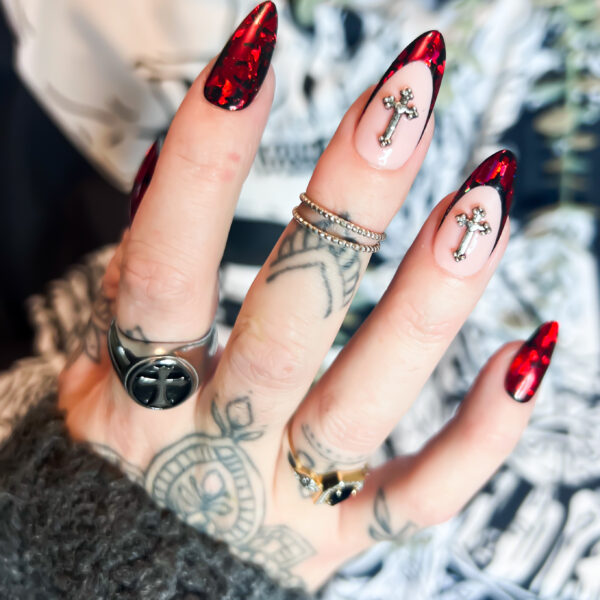red gothic cross press on nails, goth nails, chrome nails, soul of stevie press on nails