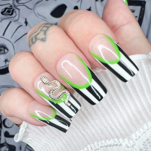 Beetlejuice inspired press on nails, embrace your inner goth queen with Soul of Stevie press ons