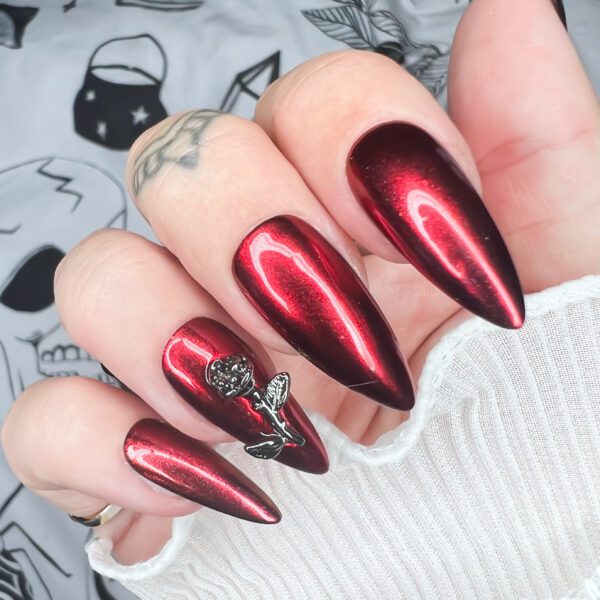 Chrome Red Rose Nails, gothic vampire press on nails Soul Of Stevie