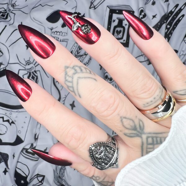 Chrome Red Rose Nails, gothic vampire press on nails Soul Of Stevie