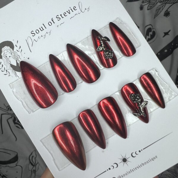 Chrome Red Rose Nails, gothic vampire press on nails Soul Of Stevie