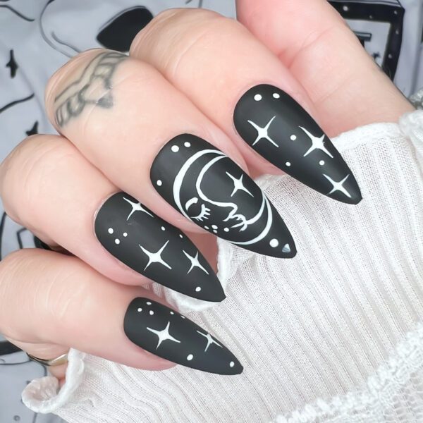 Black goth sun, moon & star nails. hand painted celestial press ons by Soul Of Stevie