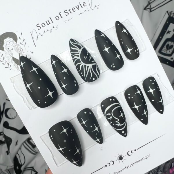 Black goth sun, moon & star nails. hand painted celestial press ons by Soul Of Stevie