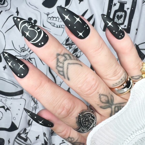 Black goth sun, moon & star nails. hand painted celestial press ons by Soul Of Stevie