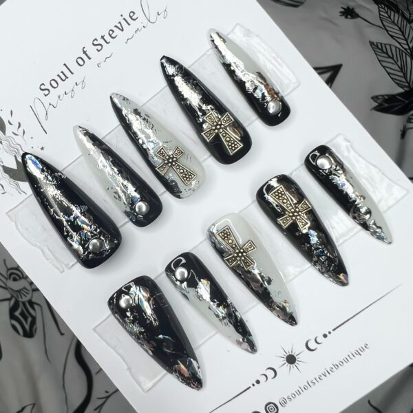 Gothic Cross black & silver stiletto nails. Soul of Stevie goth press on nails