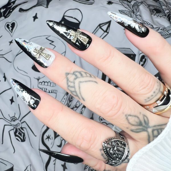 Gothic Cross black & silver stiletto nails. Soul of Stevie goth press on nails