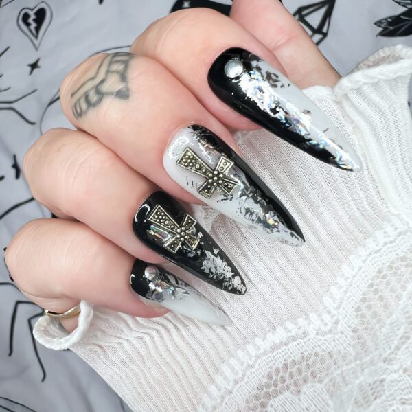 Gothic Cross black & silver stiletto nails. Soul of Stevie goth press on nails