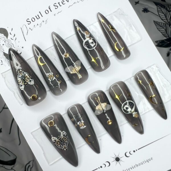 witchy moth press on nails, mystical, magical, gothic design