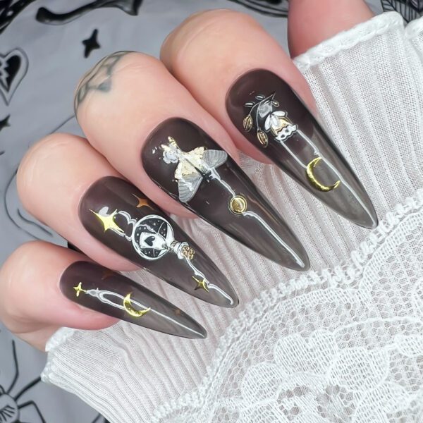 witchy moth press on nails, mystical, magical, gothic design