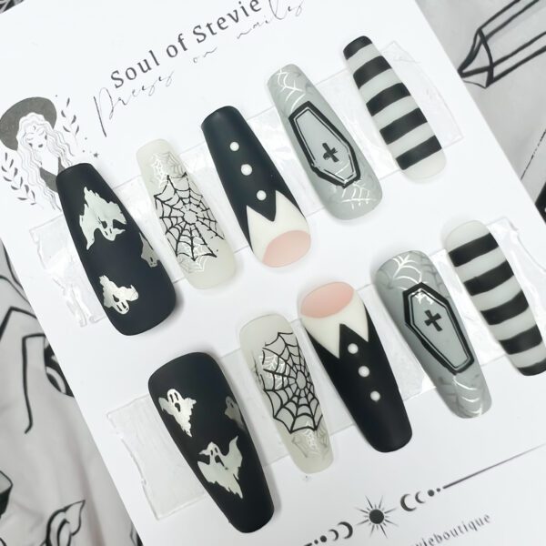 wednesday addams nails, goth press on nails, soul of stevie press ons