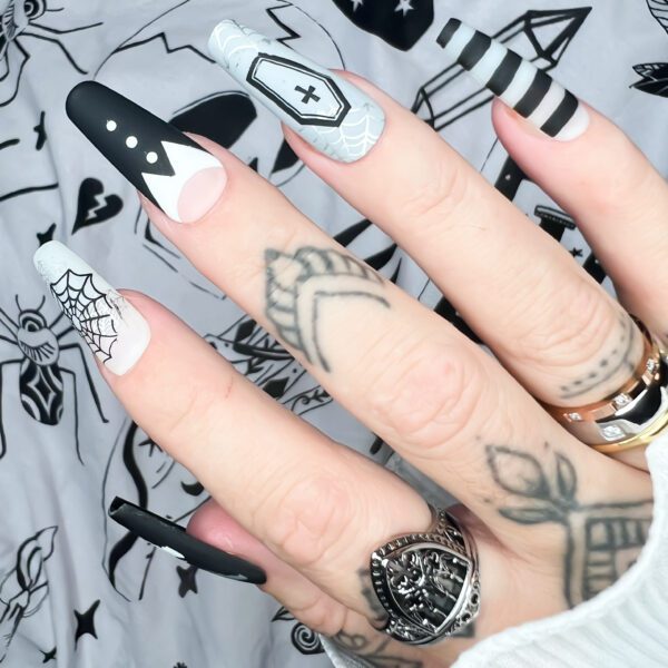 wednesday addams nails, goth press on nails, soul of stevie press ons