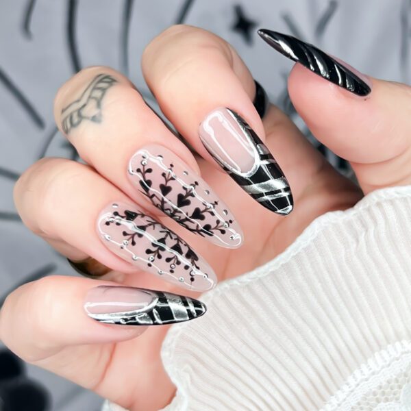 Black goth Christmas press on nails, snowflake, silver, chrome Soul of Stevie