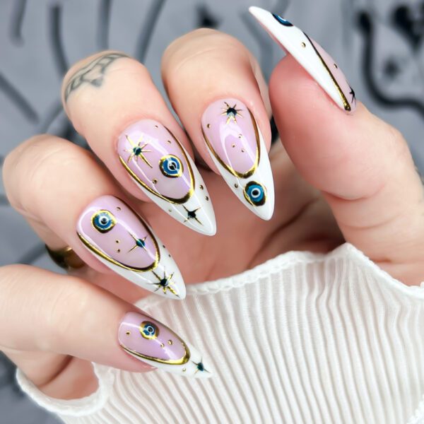 Evil Eye press on nails. French manicure, gold chrome, protection, spells, witchy, witch, false nails, press ons, Soul of Stevie Goth & Alt nails