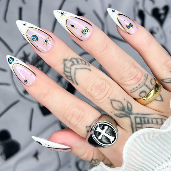 Evil Eye press on nails. French manicure, gold chrome, protection, spells, witchy, witch, false nails, press ons, Soul of Stevie Goth & Alt nails