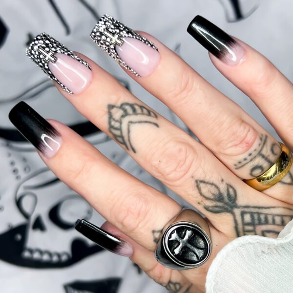 Biker Chick press on nails. Studded, gothic cross, black ombre, Soul of Stevie Goth & Alt nails