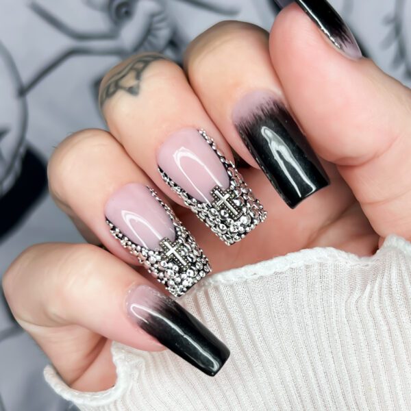 Biker Chick press on nails. Studded, gothic cross, black ombre, Soul of Stevie Goth & Alt nails